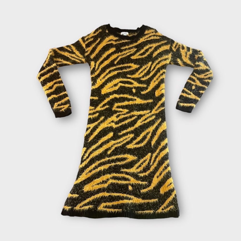 Tiger Stripe Fuzzy Knit Sweater Dress Sz XS Long Sleeve 90s Y2K Style